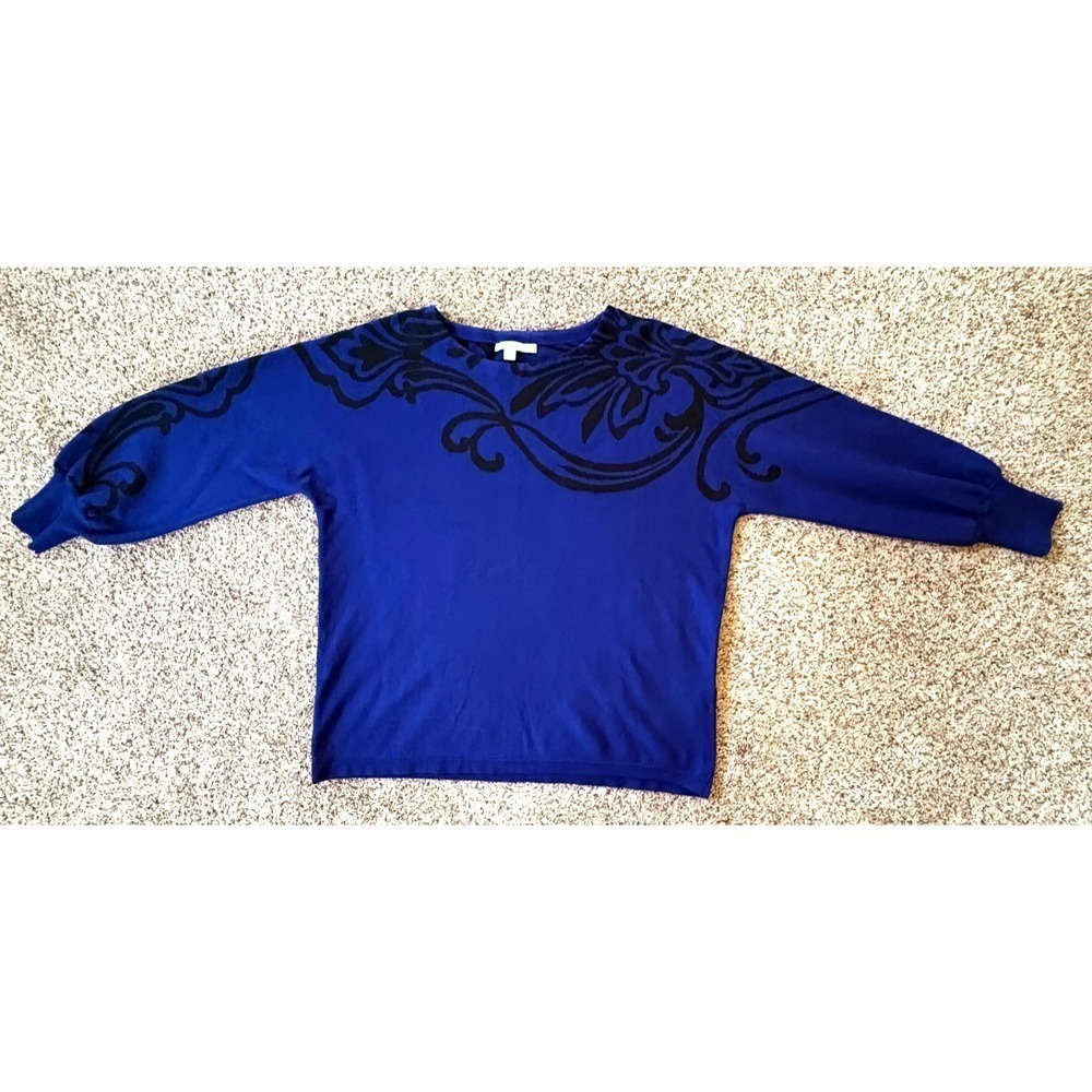 Chico's Blue‎ Black Scroll Print Knit Top Size 2 Large Long Sleeve Pullover Soft
